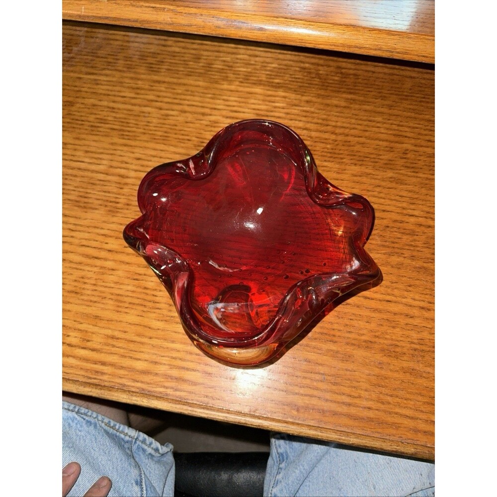 Murano Style 7.5” Heavy Studio Art Glass Ruby Red  Candy Dish Ashtray Bowl MCM